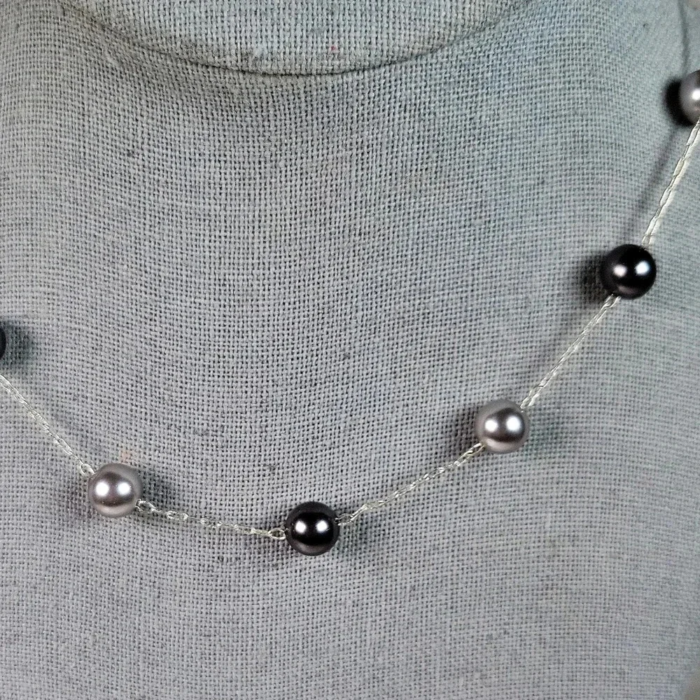 Roman Beaded Necklace Set Of 2  Signed Floating Faux Pearl Gray Peach Pi…